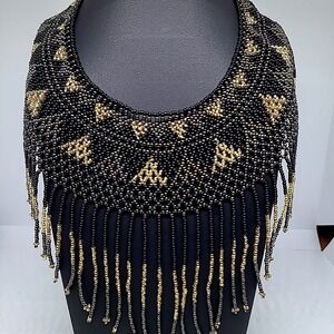 Princess Amanda Collection Necklace Woman Black Gold Beaded Fringe Statement Bib